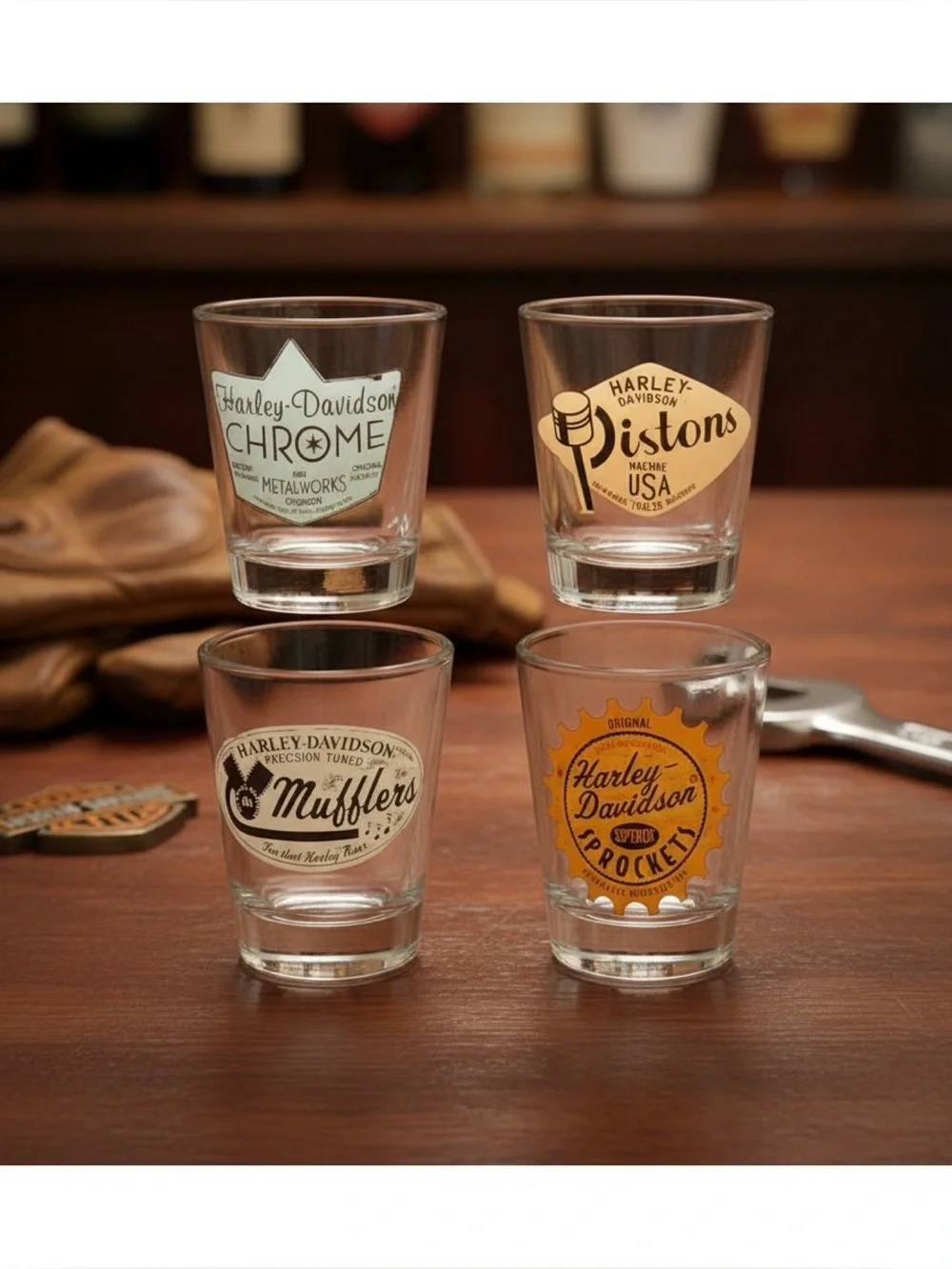 NIB Harley-Davidson Col-Parts Vintage Stamp Shot Glass Set